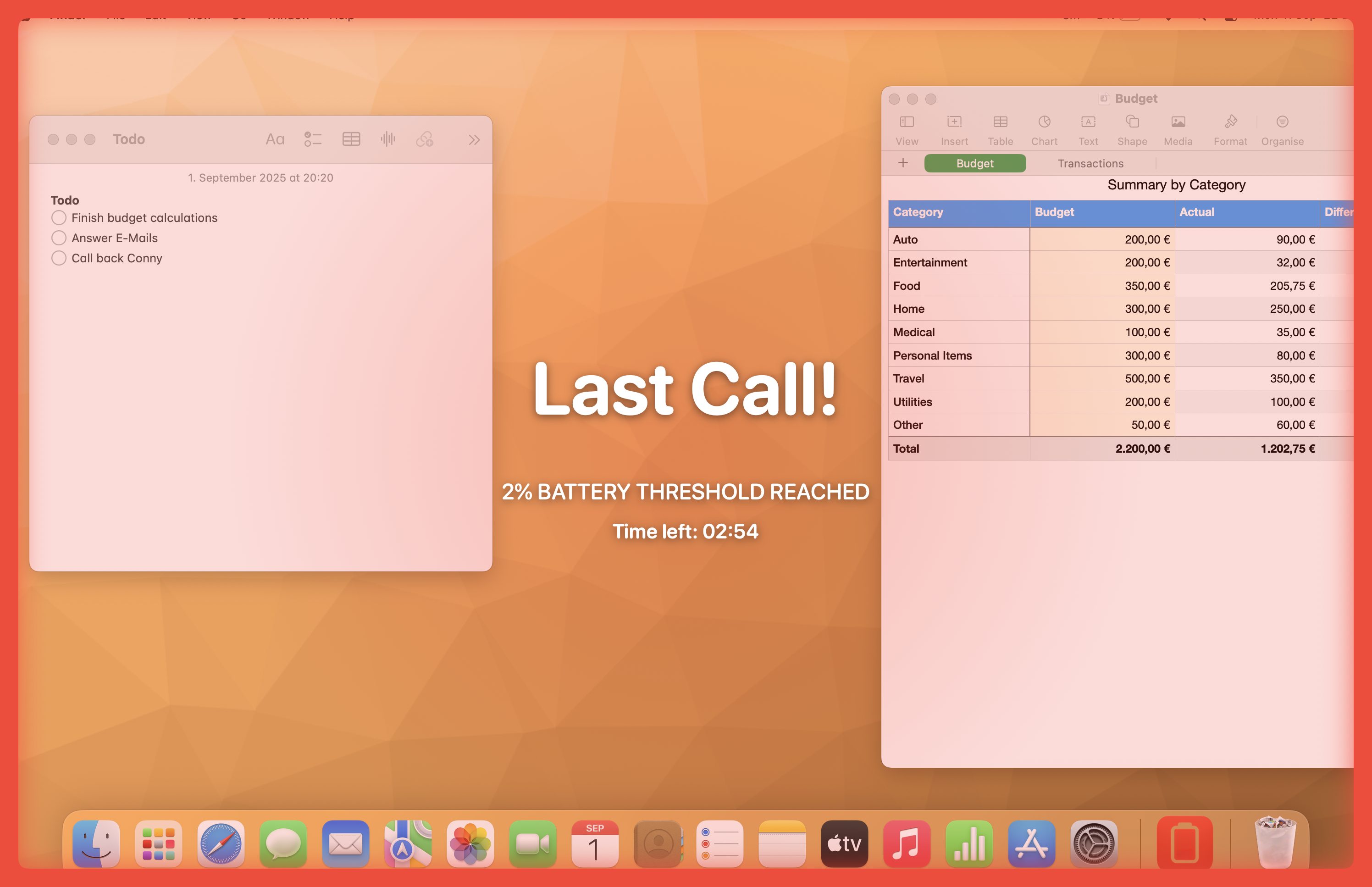 Last Call app showing red screen alert on MacBook